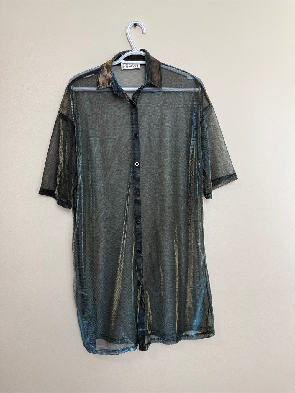 HEWKO Sheer Short-Sleeve Tunic Shirt in Olive Sheen